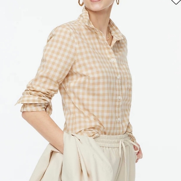 J Crew Petite Small Brown White Neutral Plaid Lightweight Button Up Shirt Preppy - Picture 1 of 7